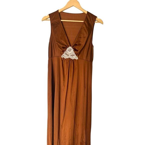 Vanity Fair Vintage Night Gown Size 36 Large Bronze Copper Lace Trim Maxi Union - Picture 4 of 8